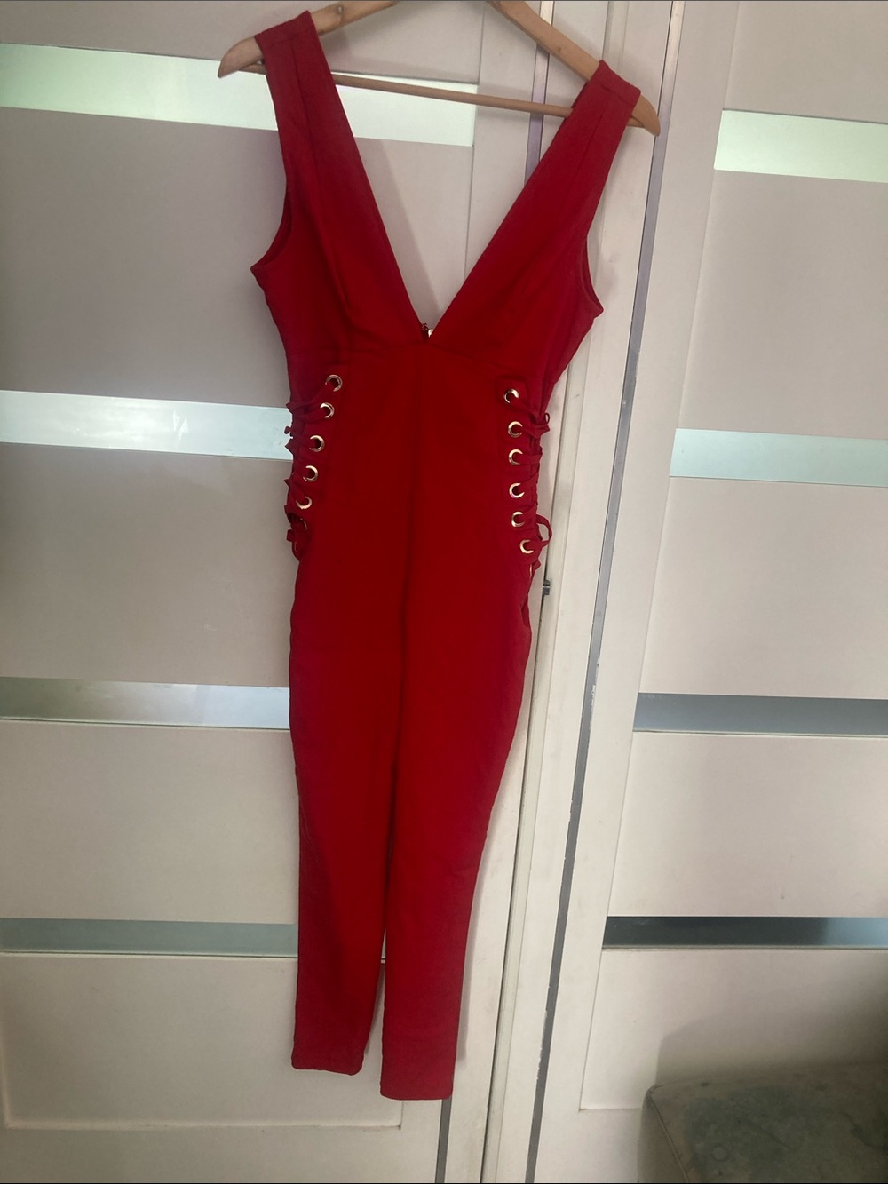 iris Red Lace-Up Plunge Jumpsuit